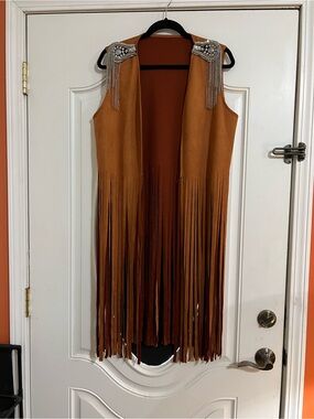 Women's Fringe Vest with Beaded Epaulettes - Tan